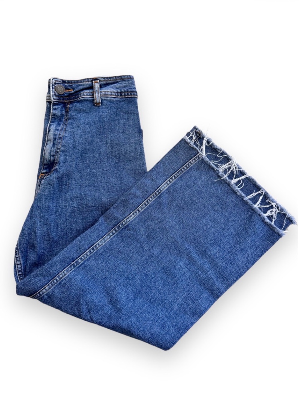 Zara Marine Wide Leg High Rise Cropped Raw Hem Jeans Womens 4 Blue Denim Pockets - Picture 5 of 6